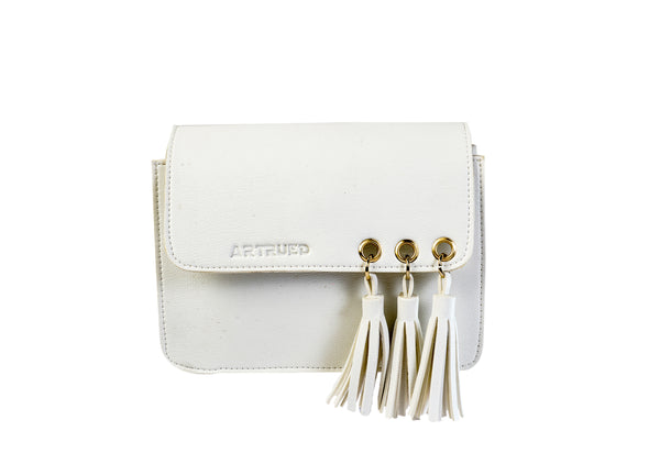 Artrued Women’s Shein Sling Bag - Vegan Leather, White with Tassel